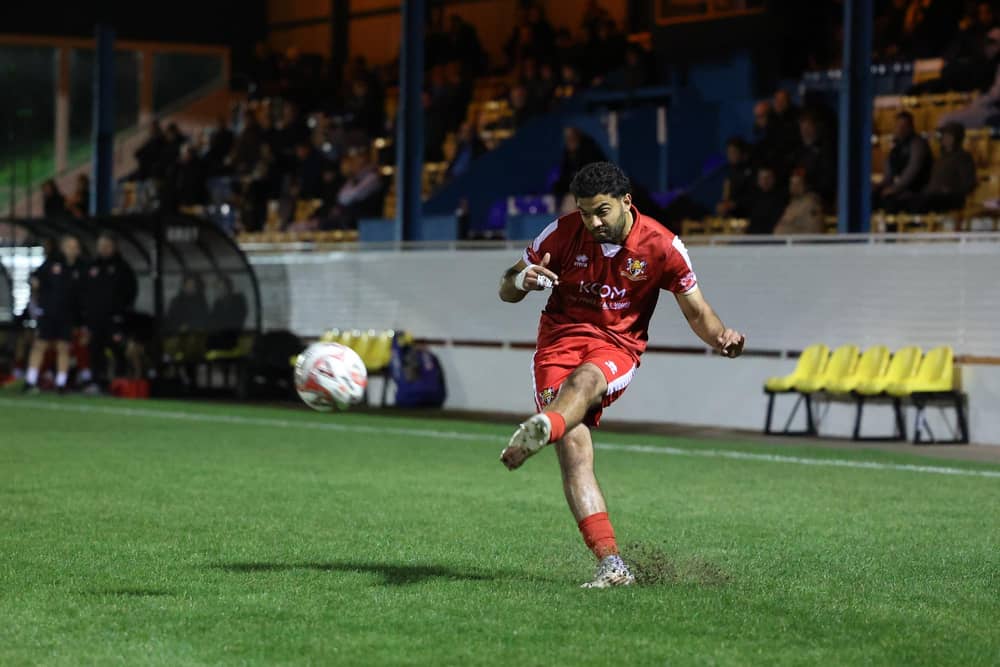 Bridlington Town's Ahmed Salam fires at the Stocksbridge Park Steels goal. Photo by Ewan Cameron