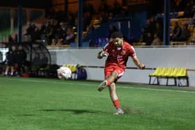 Bridlington Town's Ahmed Salam fires at the Stocksbridge Park Steels goal. Photo by Ewan Cameron