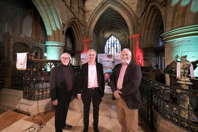 John Oxley, Julian Caddy and Kane Cunningham at the launch of the Big Ideas by the Sea festival at St Mary's Church - pic Richard Ponter