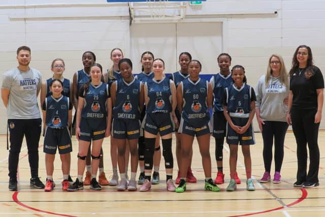 Grace Roberts is next to the coach on the left on back row of the U14 Sheffield Hatters team