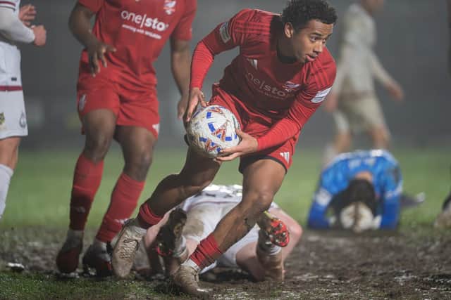Super-sub Theo Chapman picks up the ball after scoring the first goal for Boro to spark the late fightback to earn a 2-2 draw against leaders South Shields. Photo by Wandering Photography