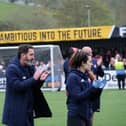 Boro boss Jono Greening and his coaching staff applaud the fans after the final whistle. PHOTO BY RICHARD PONTER