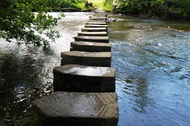 Stepping stones over the River Esk at Lealhom.