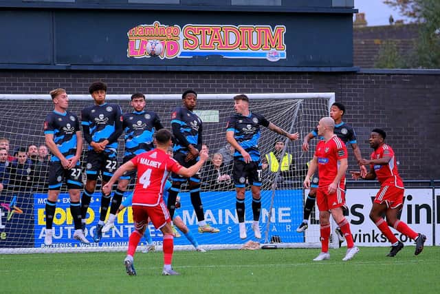 Lewis Maloney's free-kick sails over the bar for Boro against Forest Green in the FA Cup, the visitors grabbing a late draw. PHOTOS BY RICHARD PONTER