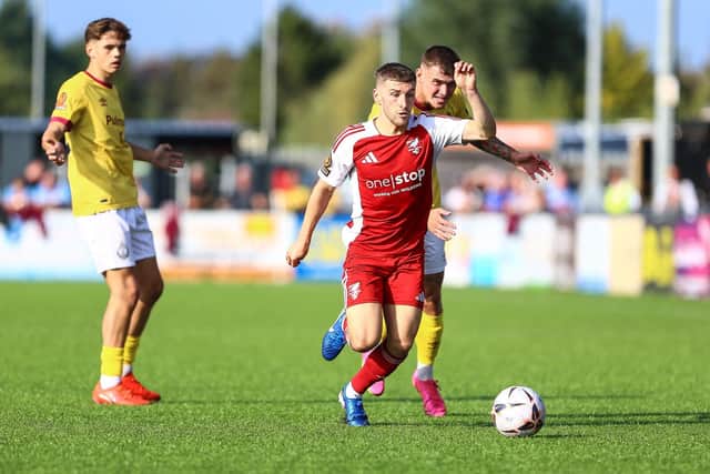 Left-back Alex Brown push on against Shields. PHOTOS BY ZACH FORSTER
