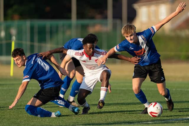New signing Mo Fadera had a positive display in the first half at Pickering Town on Friday. Photo by Wandering Photography