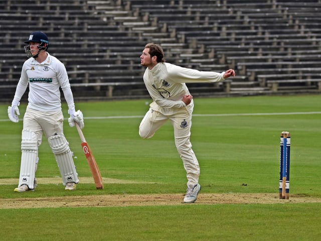 Harrison Wood in bowling action for Scarborough CC against Woodhouse Grange CC.