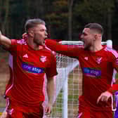 Striker Aidan Rutledge celebrates his first-ever goal for Boro in the 5-0 win at home to Bishop's Stortford. Photo: Jack Steven Roberts Media