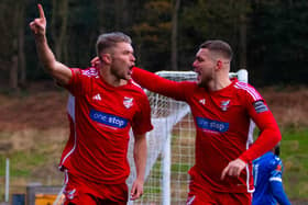 Striker Aidan Rutledge celebrates his first-ever goal for Boro in the 5-0 win at home to Bishop's Stortford. Photo: Jack Steven Roberts Media