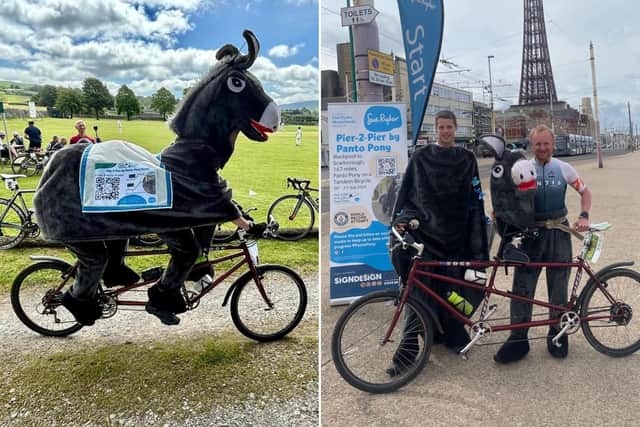 Johnathan Binney and Lee Bilbrough have cycled 167 miles from Blackpool to Scarborough, dressed as a pantomime horse.