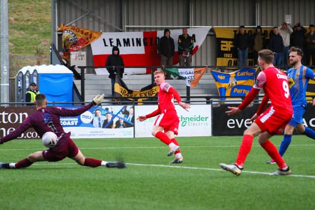 Alex Wiles scores the fourth Boro goal in the 4-1 success against Leamington on Saturday PHOTOS BYZACH FORSTER