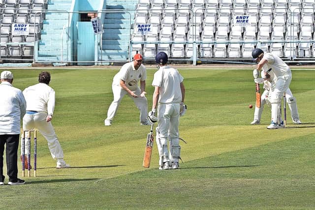 Ben Norman, pictured defending a delivery, shone with bat and ball in Snainton's two-wicket victory at Wykeham 2nds. Photo by Simon Dobson