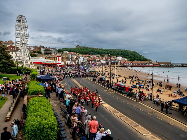 The Yorkshire Volunteer Band marching along Foreshore Road at the start of the Scarborough Armed Forces Day celebrations.