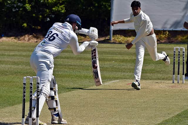 Flixton bowler Mukul Mahesh beats the edge of Harry Jackson's bat. Photo by Simon Dobson