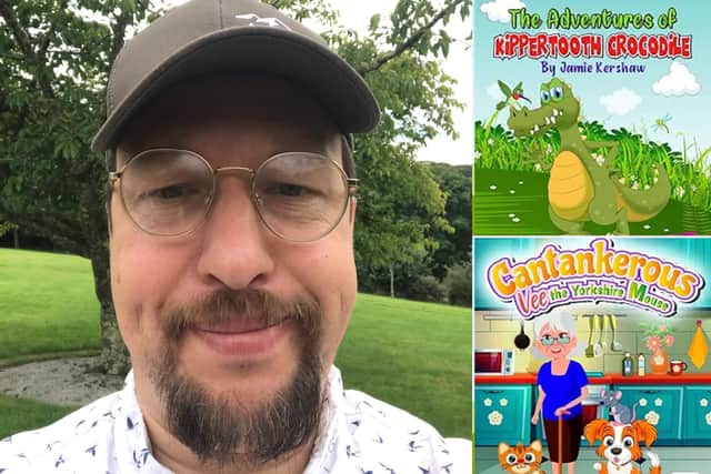 Scarborough author Jamie Kershaw and the covers of two of his books for children.
