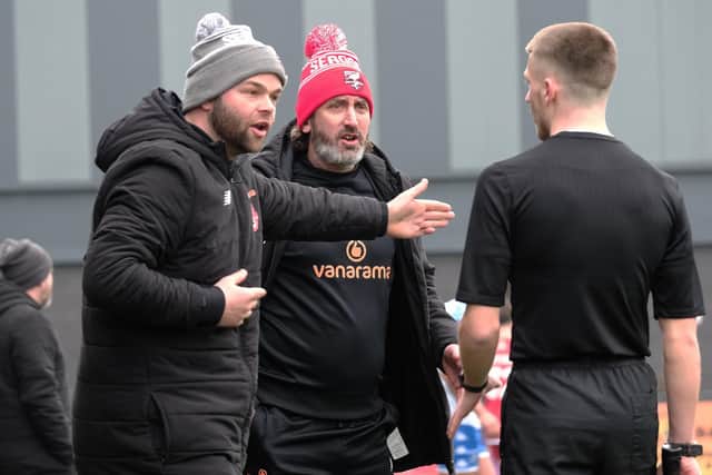 Boro coach Jimmy Beadle and boss Jono Greening make their point.
