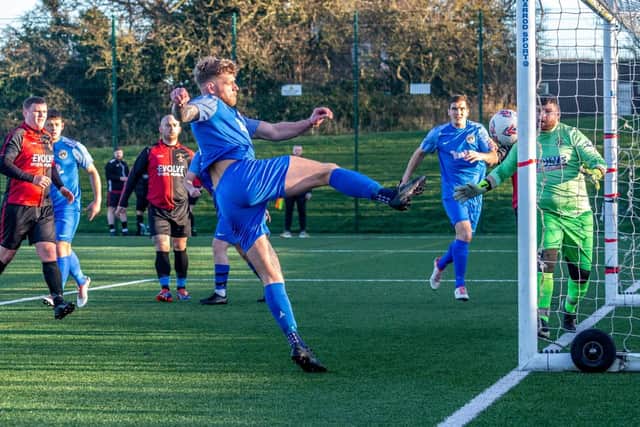 Karl Storr hit five as Whitby Fishermen’s Society netted an 8-1 Lou Moore Trophy win against New Marske. Photo by Brian Murfield