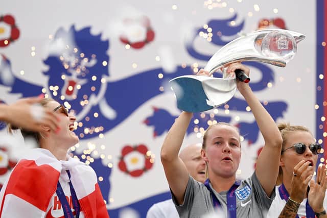 Hinderwell's England Lionesses star Beth Mead celebrates with the UEFA Women's Euro 2022 Trophy - now she is Sports Personality of the Year too.
picture: Leon Neal, Getty Images