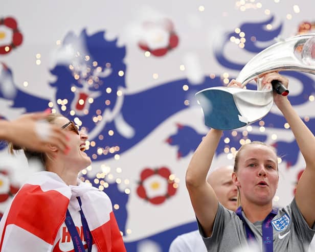 Hinderwell's England Lionesses star Beth Mead celebrates with the UEFA Women's Euro 2022 Trophy - now she is Sports Personality of the Year too.
picture: Leon Neal, Getty Images