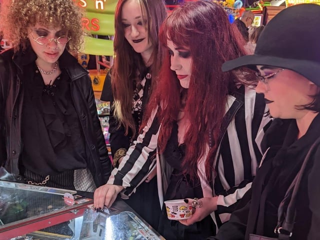 A visit to the tuppenny nudger for these Goth Weekend visitors.
picture: Paul French