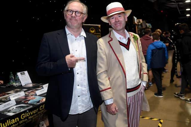 Comic Con at the New Dock Hall, Royal Armouries, Leeds. Real life Doctor Who Peter Davison meets John Osborne dressed as the Character