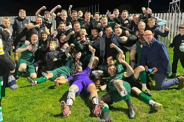 AFC Eastfield celebrate their Junior Cup final win against Bagby and Balk.