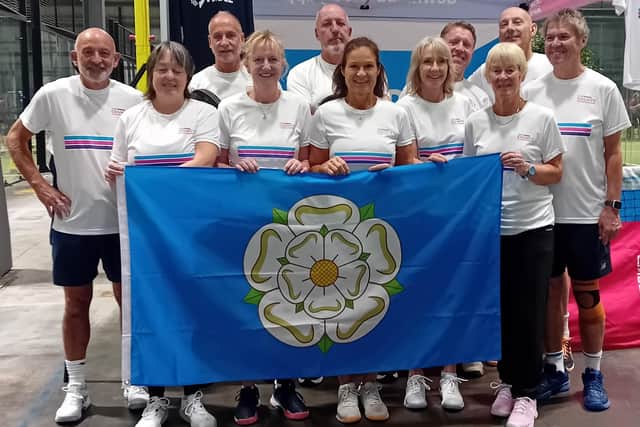 Scarborough's John Fuller, extreme left, lines up with the rest of the Yorkshire Over-60s padel team at the national championship.