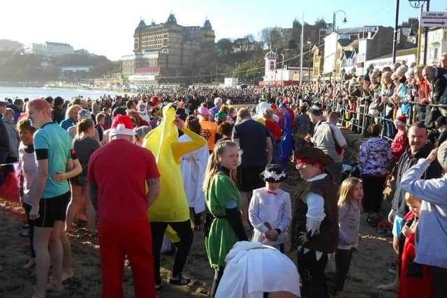 New Year dippers in Scarborough ready to brave the icy North Sea.