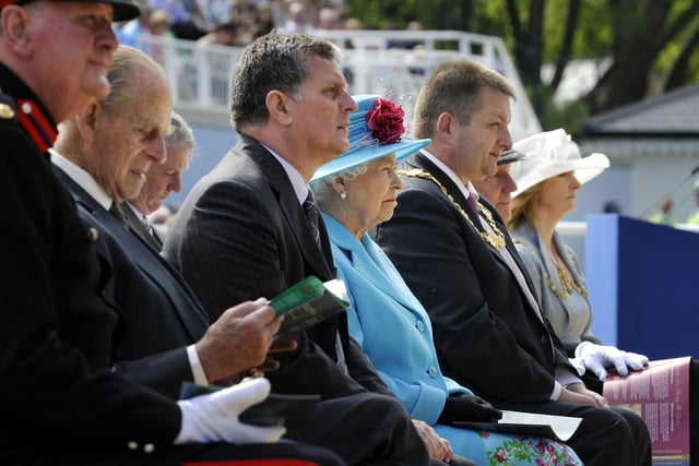 The Queen watching the show, with Prince Phillip (L),  Jim Dillon, chief executive of Scarborough Borough Council, and Cllr Bill Chatt, Mayor of Scarborough.
102036z
