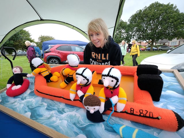 Sal Cooke with a knitted RNLI donation