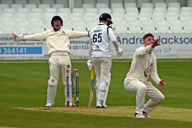 Skipper Ben Gill and Jack Redshaw appeal for lbw