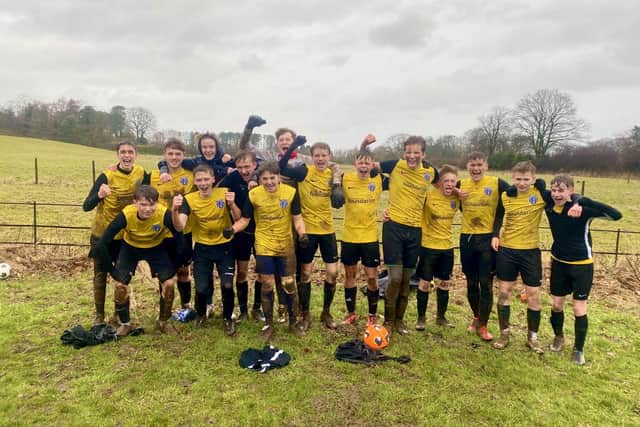 Scalby Under-15s celebrate their York FA Cup semi-final success at home to Hamilton Panthers. From left, Liam Cassidy, Indy Ellwood, Sam Smith, Liam Walton, Teddy Eccles, Freddie Fletcher, Oskar Walters-Hardy, Alex Murray, Charlie Hughes, William Chapman, Finlay Beckham-Richards, James Draper, Luca Mollica, Freddie Jewison & Jayden Simpson.