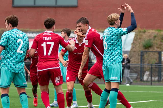 Jake Hull, celebrating his goal in the 5-1 win at home to Southport, was the man of the match in the 3-1 loss at King's Lynn Town on Monday. Photo by Morgan Exley