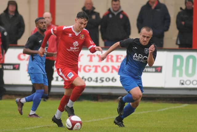 A Bridlington Town trialist on the ball against Maltby.