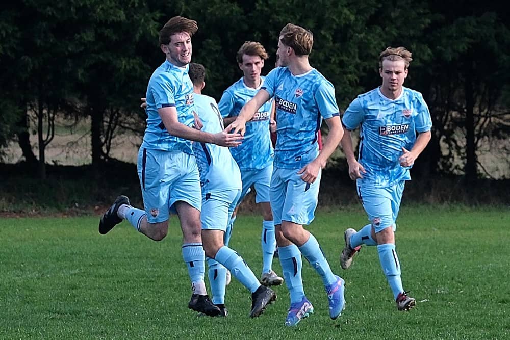 Seamer Sports celebrate one of their goals in the 4-1 home win against Haltemprice. Photo by Richard Ponter