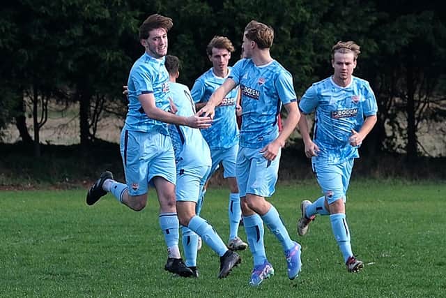 Seamer Sports celebrate one of their goals in the 4-1 home win against Haltemprice. Photo by Richard Ponter
