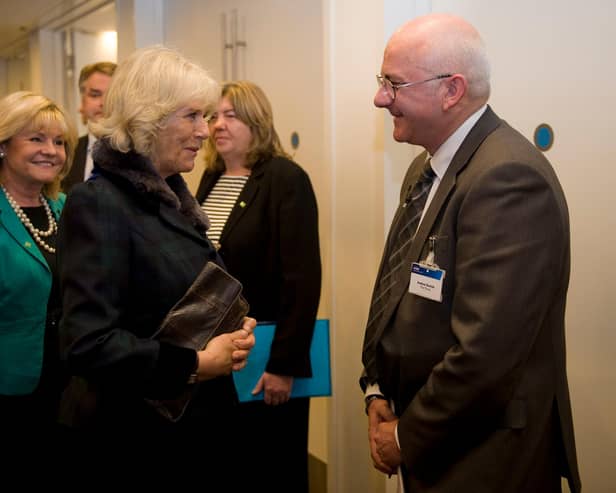 Barnardo's President Queen Camilla, then Duchess of Cornwall, speaking to Andrew Norfolk at the Help Cut Children Free From Sexual Exploitation event in London on November 23, 2011 (Photo by Chris Harris - WPA Pool/Getty Images)