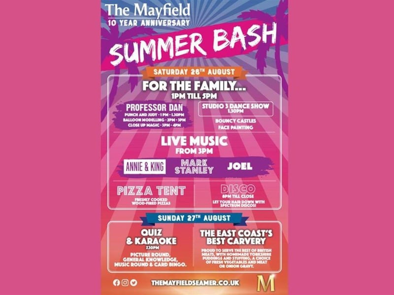 Mayfield Summer Bash - 10 year Anniversary is taking place at 10-11 Main Street, Seamer, Scarborough on August 26-27. The event will be a party at the Mayfield to celebrate its 10 year Anniversary. It will be a fun day for the family with live music, a disco and more.