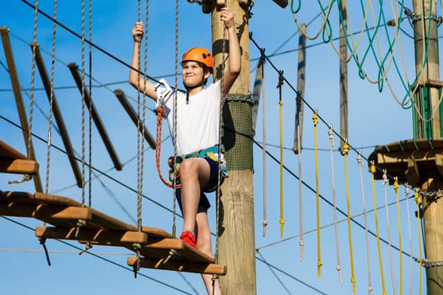 A young person tries out one of the many of the fun rope activities which are featured at The Edge Aerial Adventure.