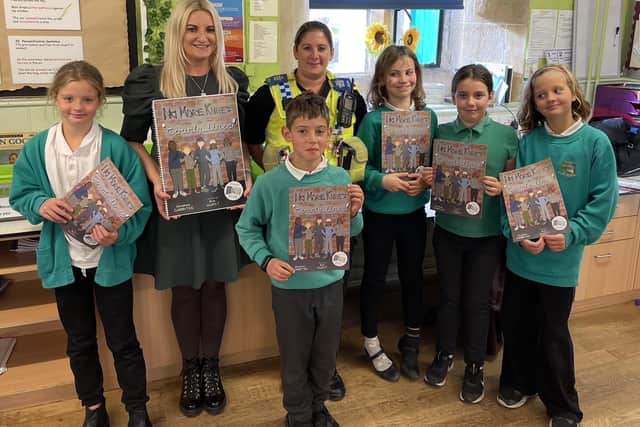 Author Christine Gabbitas with Danby School youngsters.