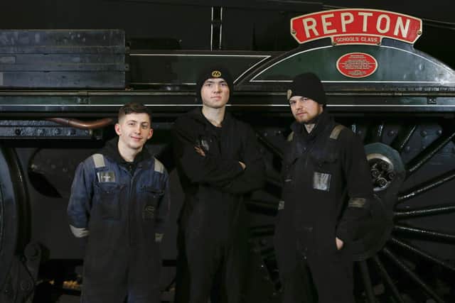Apprentices at the North Yorkshire Moors Railway, with the Repton behind.
photo: www.northedgephotography.co.uk