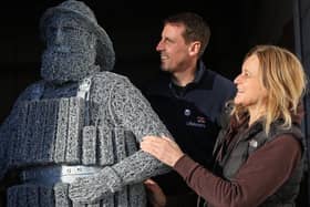 Richard Dowson, station mechanic at Whitby RNLI, with artist Emma Stothard who has made the Henry Freeman sculpture.