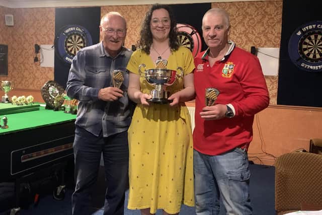 Kara Mortimer and Brian Davidson, runners-up in the league, winners of the Team Knockout, and Kara was runner-up in the Individual Handicap final, with President Chris Harrison on the left.