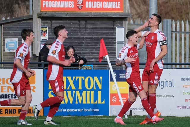 Thornton celebrates his winner against Hereford. Photos: Richard Ponter