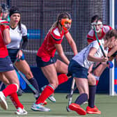 Natasha Kent hits out for Whitby Hockey Club Ladies during their home loss against Newcastle University.