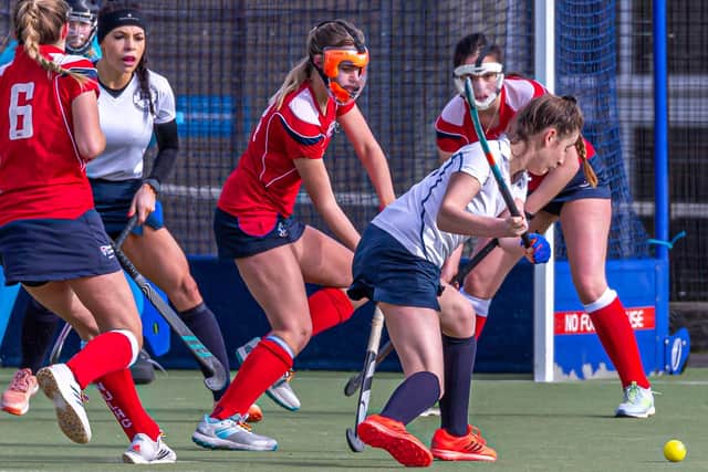 Natasha Kent hits out for Whitby Hockey Club Ladies during their home loss against Newcastle University.