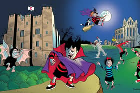 Hallowe'en fun with Dennis and Gnasher is on the way to Whitby Abbey.