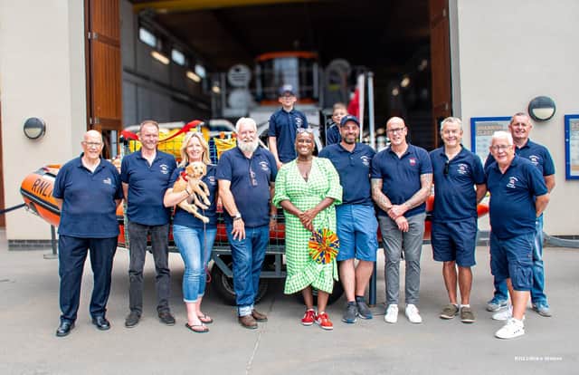 Chef Andi Oliver with volunteers of Bridlington RNLI. Photo courtesy of RNLI/Mike Milner.