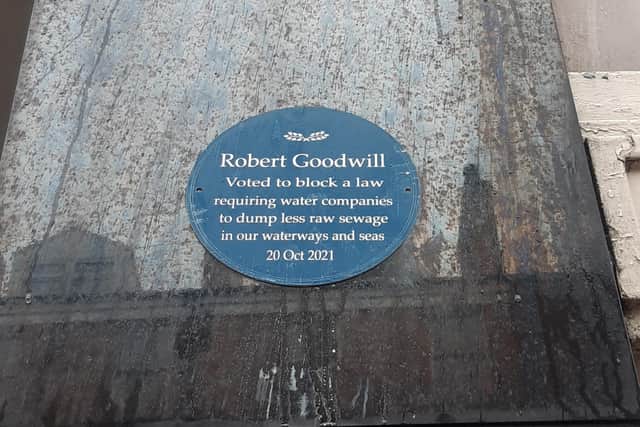 The satirical plaque which was put up outside the office of MP Sir Robert Goodwill.