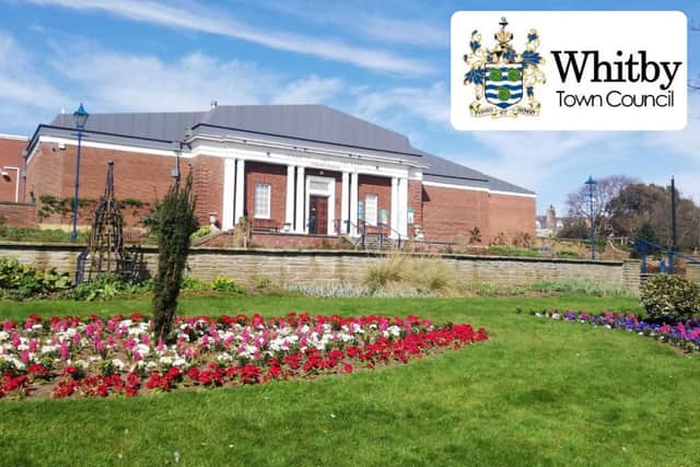Pannett Art Gallery, Whitby Town Council's HQ with the council logo, inset.